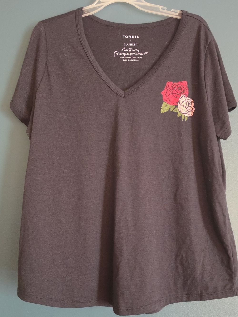 torrid Black V-Neck Tee with Red & Pink Rose Patch